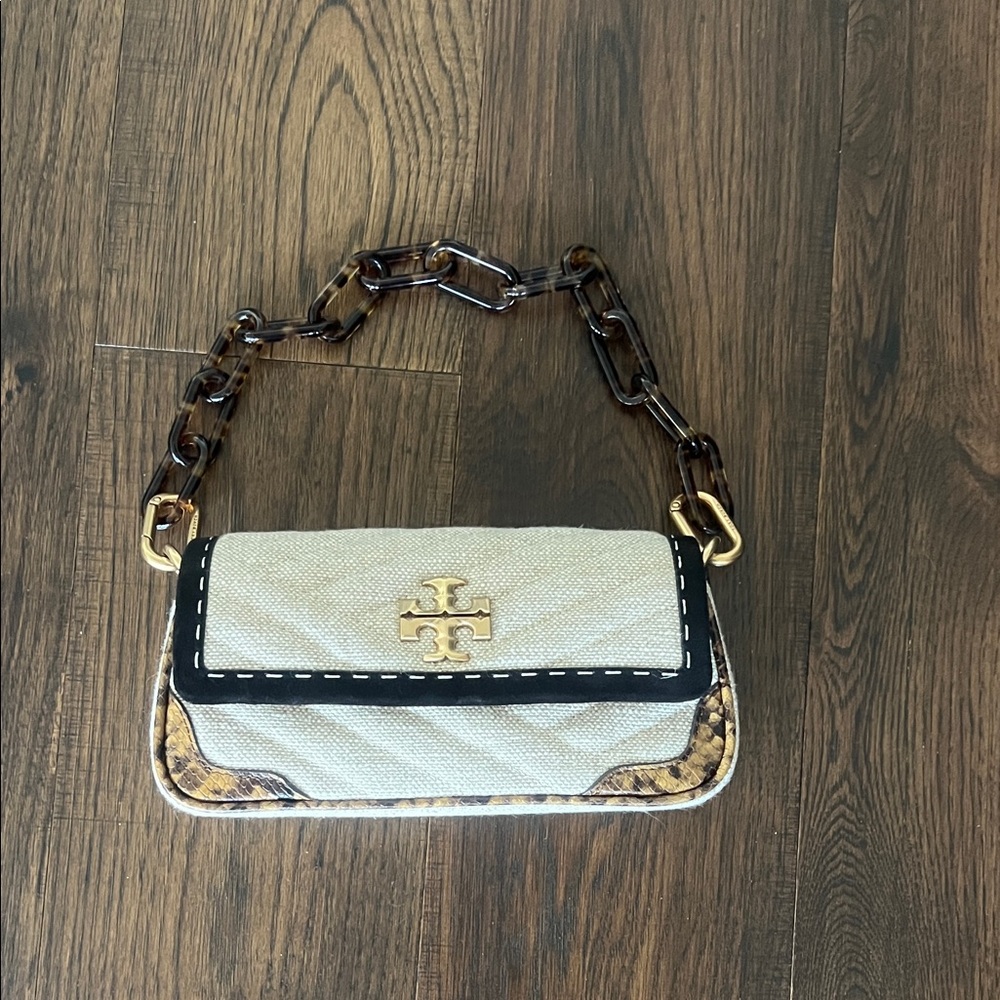 Tory Burch Kira Cream and Brown Clutch with Chain Strap